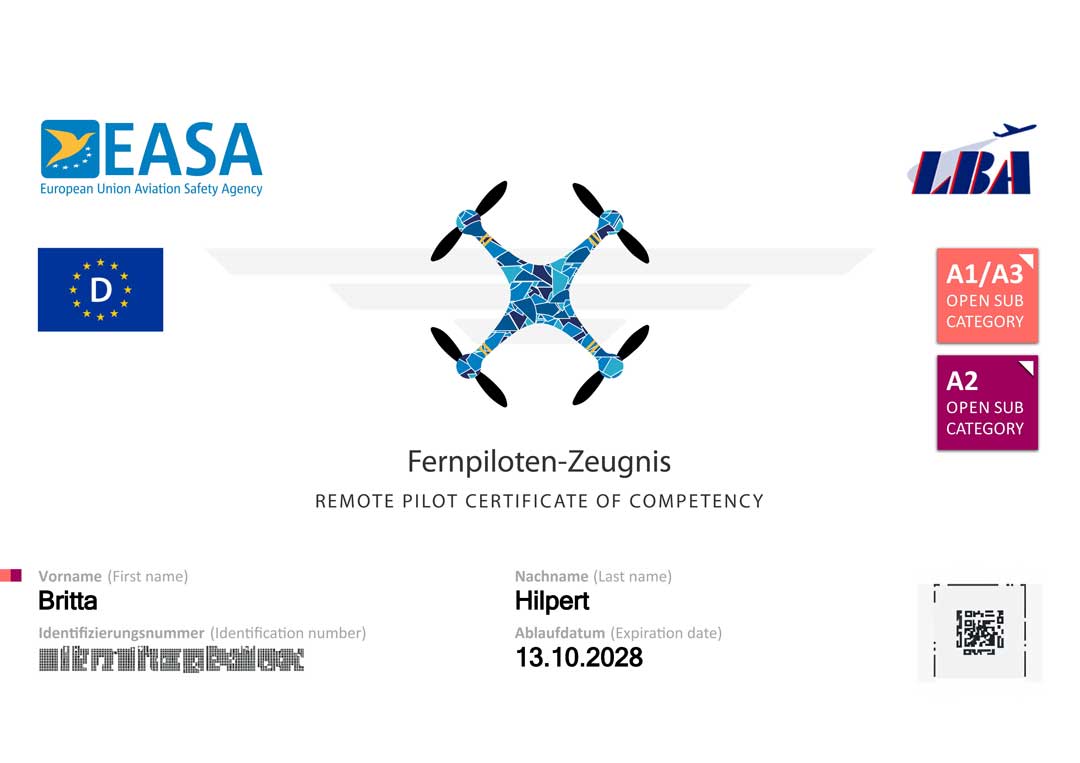 A2 Fernpiloten-Zeugnis Hilpert Britta A2-Fernpilotenzeugen für Drohnenfotografie Britta Hilpert